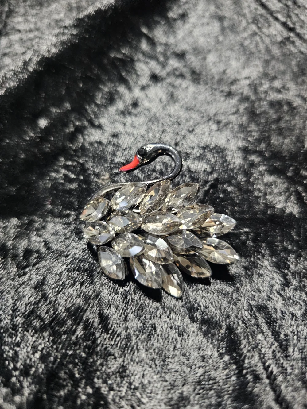Crystal Swan Brooch Pin - Clear and Black Accent